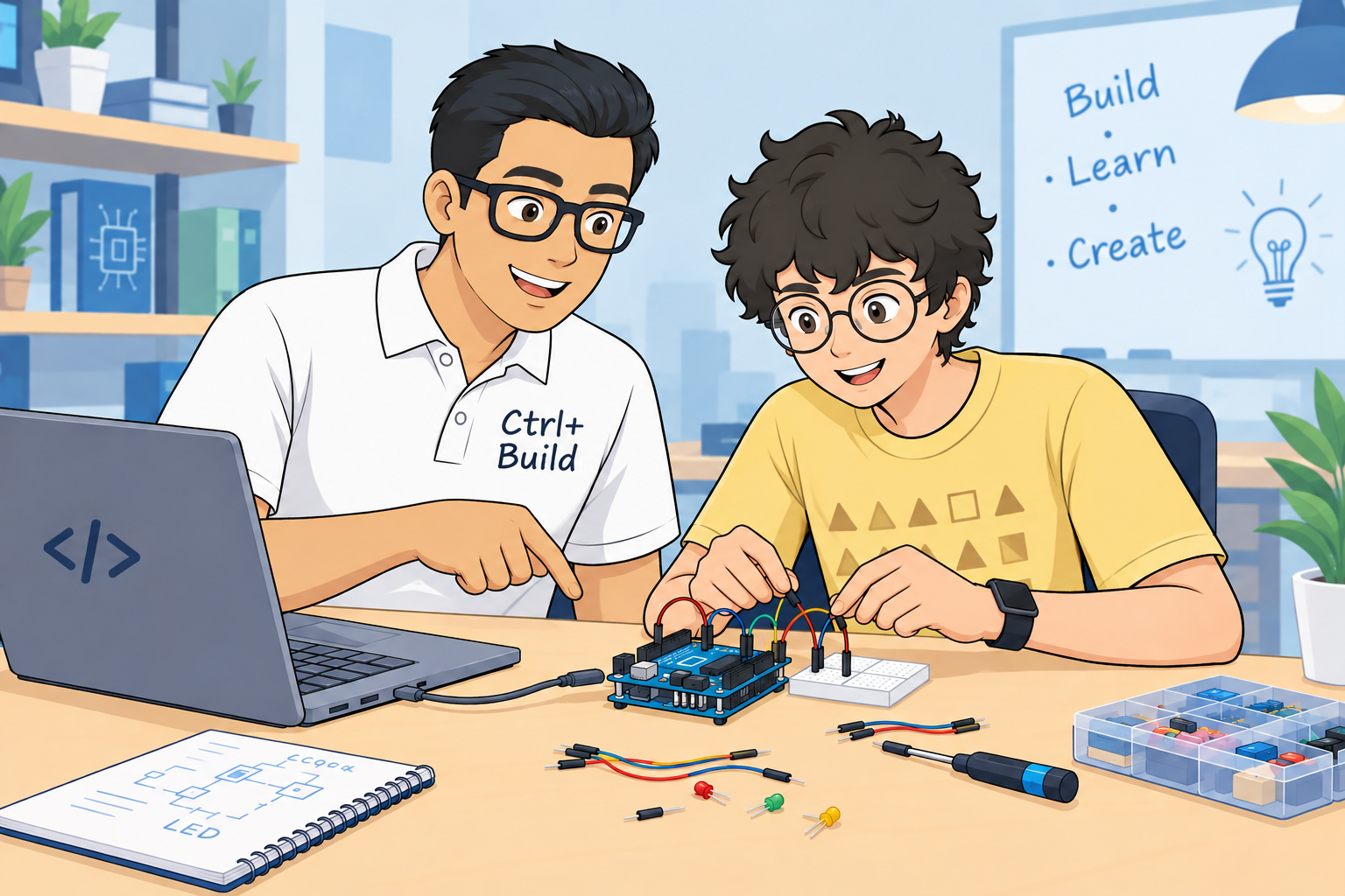 Parth and Ved working together on an electronics project